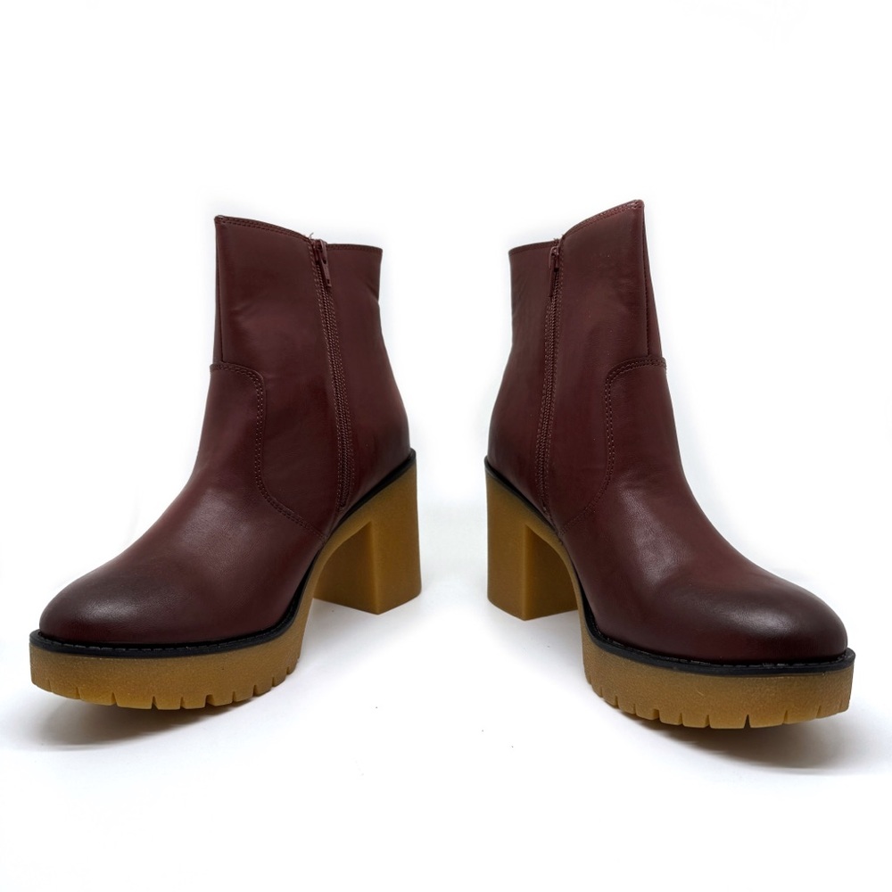 Sun + Stone Lenni Faux Leather Ankle Boots Block Heel Mahogany Size 9.5 - Picture 3 of 9